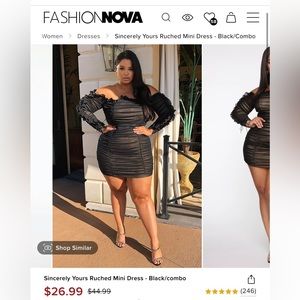 Ruched long sleeve black mini dress